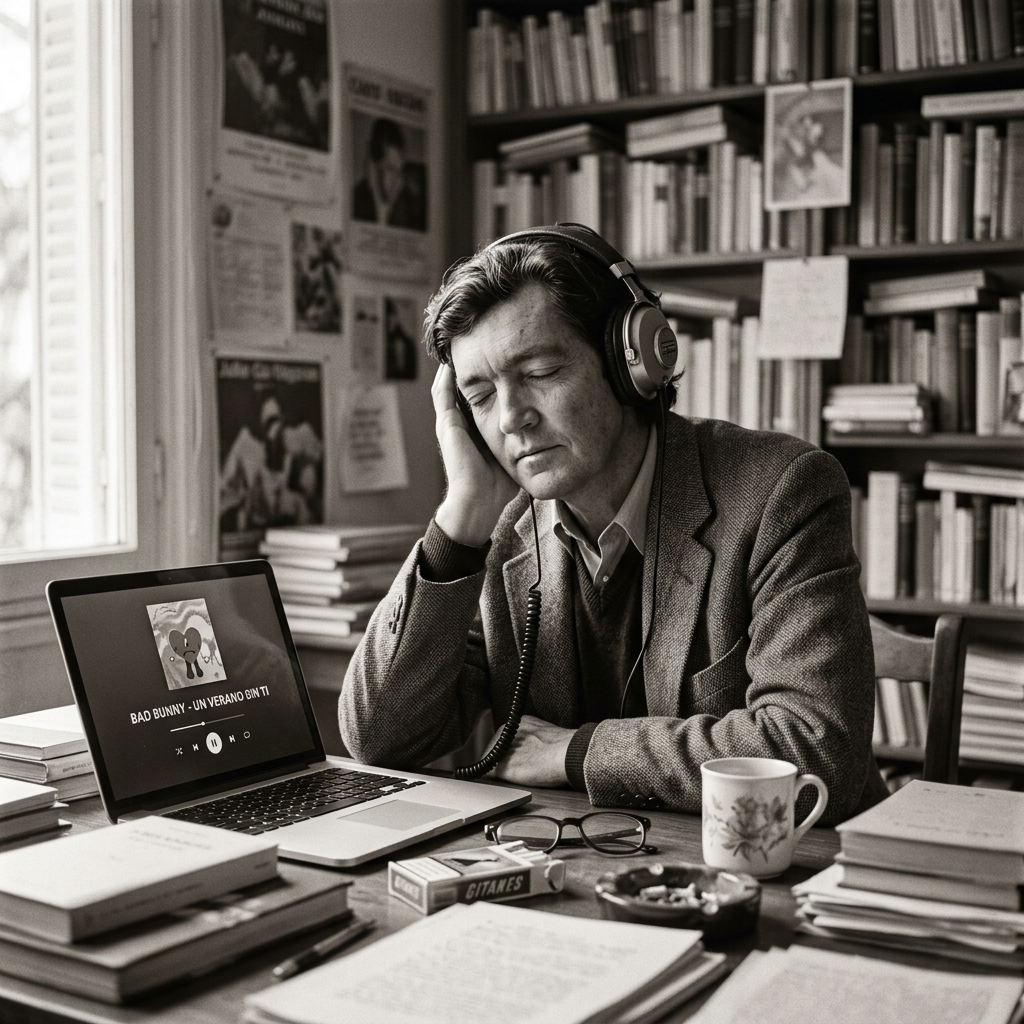 Man wearing headphones listening to music in a study with books and a laptop